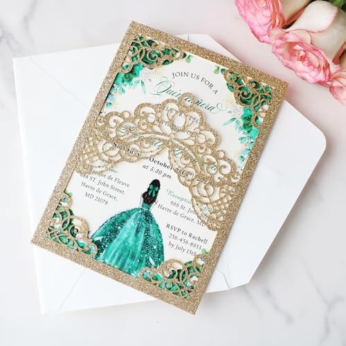 Hosmsua 50PCS Personalized Gold Glitter Quinceanera Invitations Kit, 5.1x7.3 Inch Laser Cut Floral Crown Pocket Quinceanera Invitation Cards with Envelopes for Birthday Quince Anos Invite - Image 6