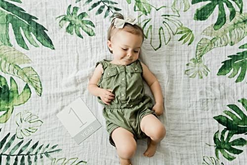 Little Unicorn Keepsake Monthly Milestone Photo Blanket – 47” x 46” – Milestone Cards Included - 100% Cotton Muslin – Machine Washable – Playful Designs - for Boys & Girls (Tropical Leaf) - Image 2