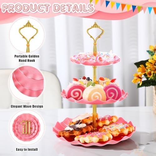 Patelai 8 Pack Plastic 3 Tier Cupcake Stand Holder, Pink - Image 2