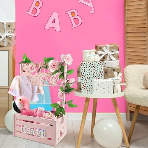 Wooden Baby Shower Crate Closet, Baby Storage Crate Hamper with Handle, Garland and 10 Clothes Hangers, Baby Shower Gifts Basket with Letters for Girl Boy Pregnancy Gift (Pink) - Image 7