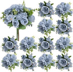 Dusty Blue Peonies Dahlia Artificial Flowers Bulk, 12 Bundles by Nagobi