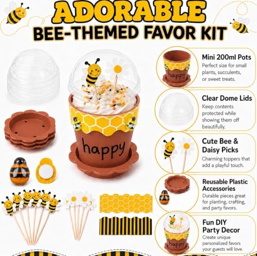 50Sets Bee Honey Jars Party Favors Bulk, Mini Plastic Bee Theme Honey Jar Pots Decoration with Spoon, Trays, 3D Stickers, And Markers for DIY Cupcake Dessert Baby Shower Wedding Party Gift Set - Image 3