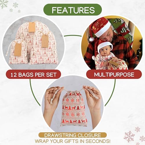 12 Pack Reusable Christmas gift bags with 15 gift tags. Gift sacks. Fabric drawstring holiday gift bags in assorted sizes. Xmas bags for presents, parties & stocking stuffers. (CE) - Image 6