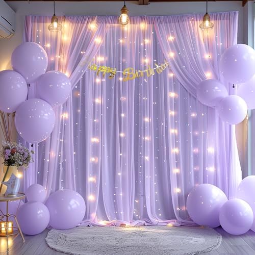 10x10ft Lavender Chiffon Backdrop Curtain with Lights String for Wedding Sheer Tulle Curtain Photo Backdrops Drapes for Baby Shower Birthday Party Home Ceremony Decorations - Image 2