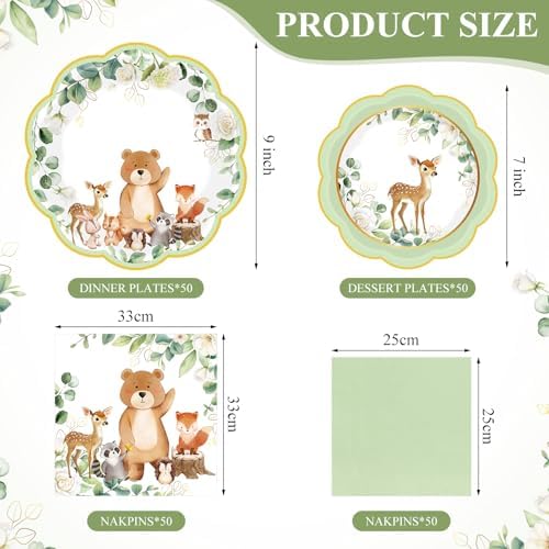 Funnymoom 200 Pcs Woodland Baby Shower Party Decorations Plates Serve 50 - Image 2