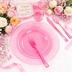 WDF 25 Guest Pink Plates with Pink Plastic Silverware&Pink Cups-Neon Clear Disposable Dinnerware include 50 Plates,25Forks, 25 Knives, 25 Spoons,25 Plastic Cups for Party and Baby Shower - Image 6
