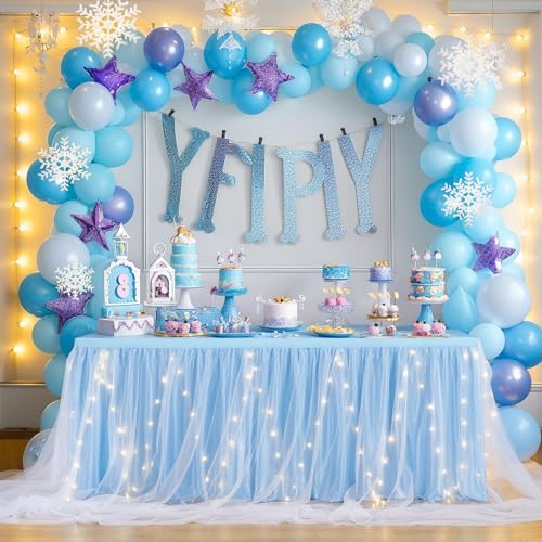 PARTISKY Blue Tulle Tutu Table Skirt for Rectangle Tables or Round Tables,Led Light String Table Cloth for Boys Girls Baby Shower Baby Shark Themed Party Dessert/Cake Tables - Image 3