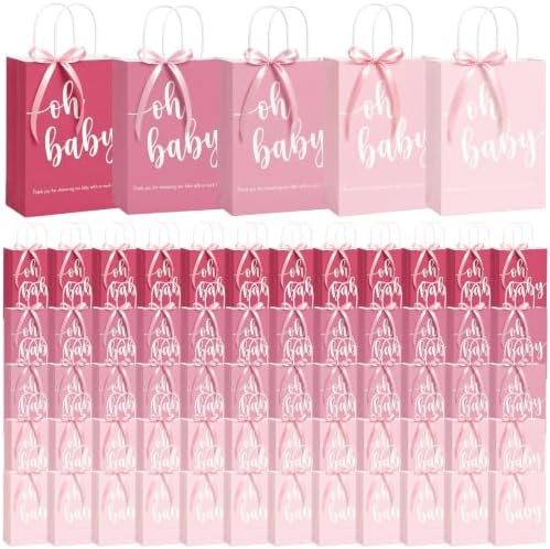 Gersoniel 50 Packs Baby Shower Gifts Bags Bulk 5.91 x 3.15 x 8.27 Inches Baby Shower Favor Bags with Handle Ribbon Thank You Gift for Party Favor for Guests Gifts Gender Reveal (Pink) by Gersoniel