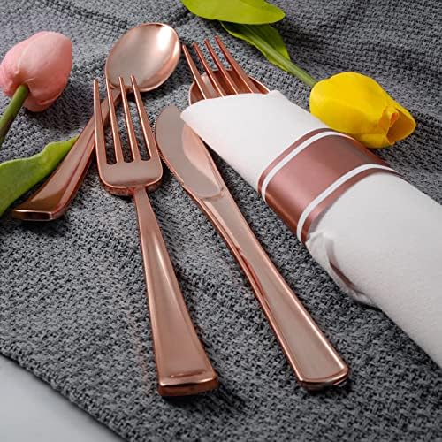 100Pack Rose Gold Disposable Plastic Silverware with Napkins - Image 4