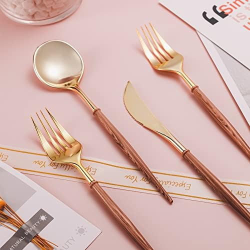 Lullaby 120PCS High End Gold Plastic Silverware with Wood Grain Handle - Image 6