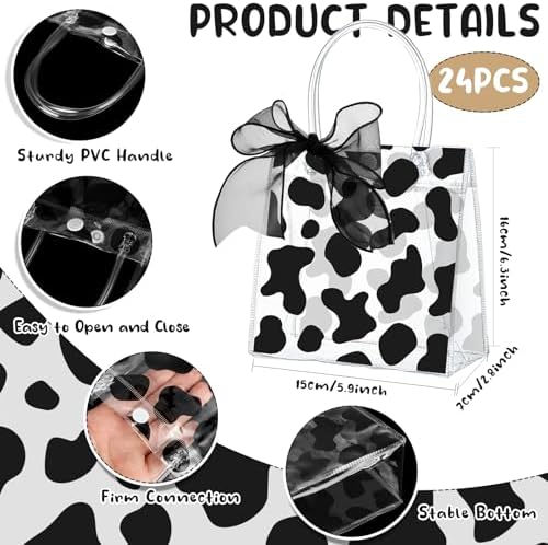 Hosuly 24 Pcs Cow Print Clear Gift Bags with Handle, Transparent PVC Tote - Image 2