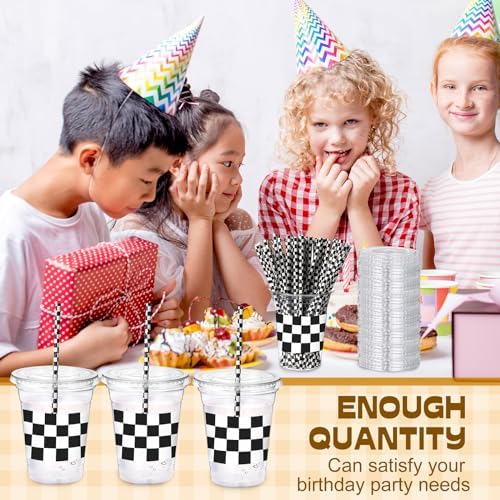 Sliner 50 Sets Checkered Party Cups, 16 Oz Plastic Cups with Lids & Straws - Image 5