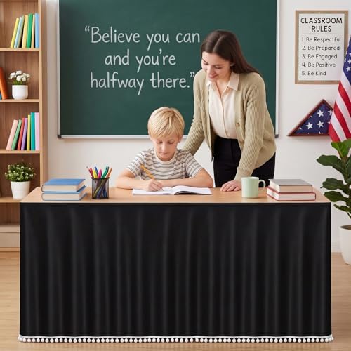 Tudomro Teacher Desk Skirt Table, Tassel, 6ft, Black - Image 2