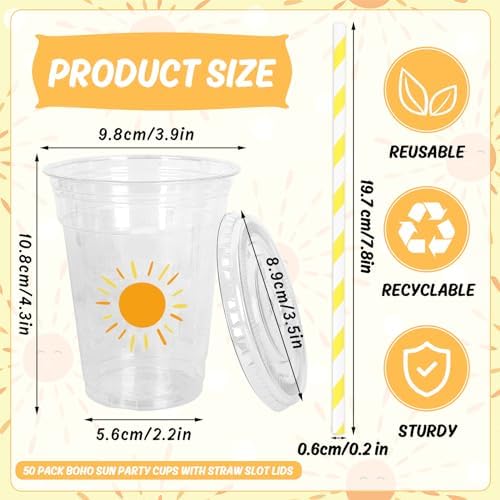 Whaline 50Pcs Boho Sun Disposable Plastic Cups with Lids and Straws 12 Oz Sunshine Cold Beverage Drinking Cups for Birthday Baby Shower Party Supplies - Image 2