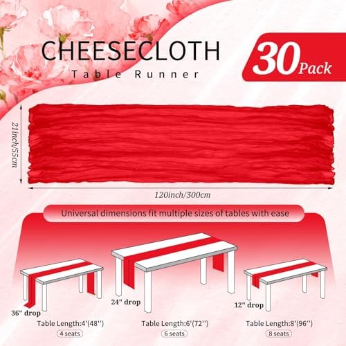 30 Pack Cheesecloth Table Runner 10FT Red Table Runner Boho Gauze Cheese Cloth Table Runners Long Rustic Sheer Table Decorations for Wedding Party Baby Bridal Shower Birthday Holiday Home - Image 2