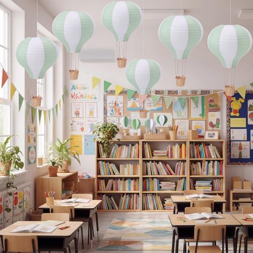 Meooeck 6 Pcs Hanging Hot Air Balloon Decorations Paper Lanterns 12 Inch Reusable Hot Air Balloon Decor Paper Lanterns Set for DIY Craft Wedding Birthday Christmas Home Living Room (Sage Green White) - Image 6