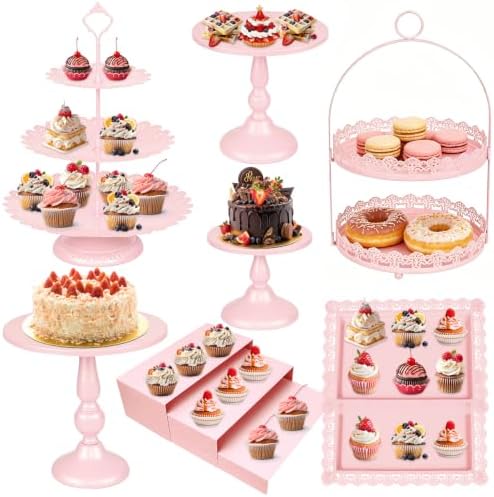10 Pcs Pink Cake Stand Set Metal Cupcake Stands, Multiple Styles Dessert Display Tower for Candy Fruit, Cake Serving Trays for Birthday, Wedding, Anniversary, Baby Shower, Engagement Party by HAISIWLKJ