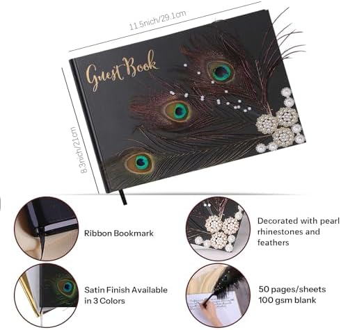 Vijiv Personalized Wedding Guest Book for Wedding Reception Signs, Bridal Baby Shower, Peacock Feather Hardcover Guestbook for Table Decoration Engagement Birthday Party Event, Photo Corners and Pen - Image 4