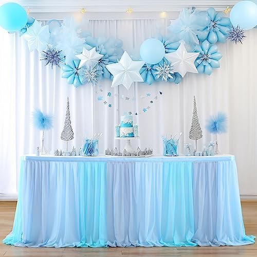 Tulle Table Skirt Blue Tutu Striped Table Skirts for Rectangle Tables Baby Shower Under the Sea Baby Shark Birthday Parties Decoration 14ft by Besutolife