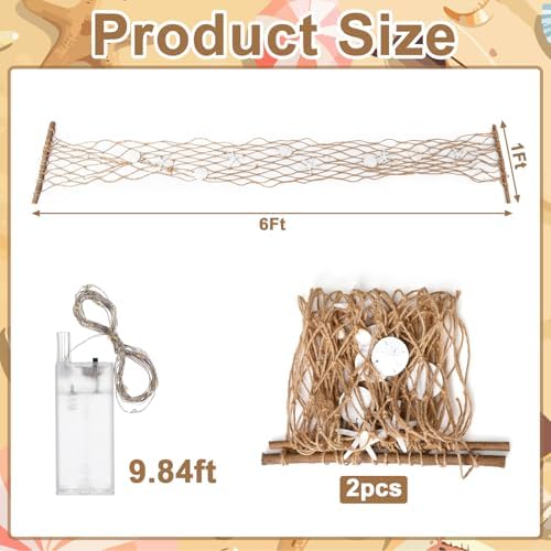 Moukeren 2 Pack 5ft Fishing Net Table Runner Lights Seashell Table Runner - Image 2