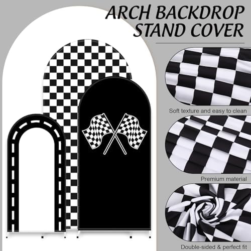 FYSUIMU 3 Pcs Race Car Arch Backdrop Covers Black White Checkered Flag Racing Track Stretchy Spandex Arch Stand Fabric Cover for Racer Birthday Baby Shower Fast Party Decoration (4ft/5ft/6ft) - Image 3