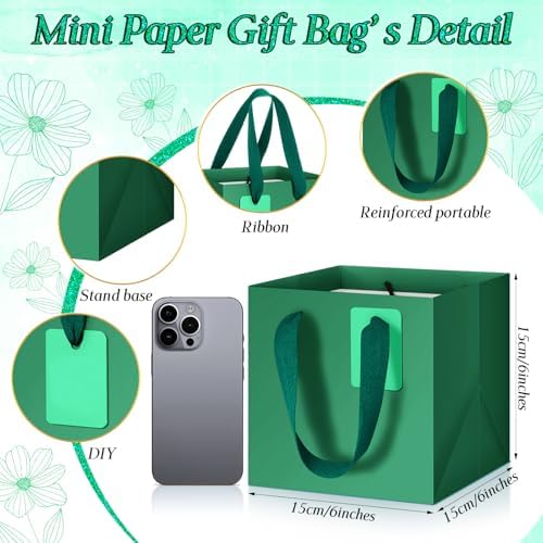 Windyun 100 Pcs Mini Paper Gift Bags with Handle 6 x 6 x 6'' Square Small Favor Bag with DIY Thank You Tag for Christmas Birthday Wedding Bridal Shower Bridesmaid Graduation Party (Green) - Image 2