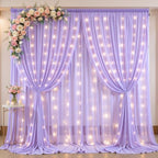 20ft x 10ft Lavender Chiffon Backdrop Curtain with Lights String for Parties,4 Panels Sheer Tulle Curtain Wedding Backdrop for Baby Shower Birthday Party Ceremony Reception Home Decorations by Partisky