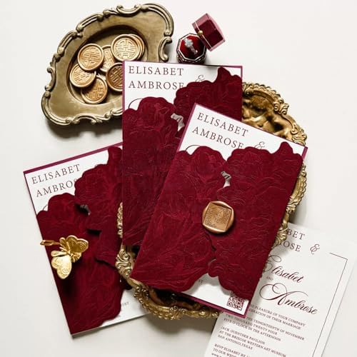 Burgundy Velvet Wedding Invitations, Elegant Flower Laser Cut Invitation with QR Code, Luxury Gold Wax Seals, Customizable Tri Fold Invitations Card (25pcs Customized Invitation) - Image 6