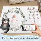 Custom Name Baby Milestone Blanket - Baby Milestone Monthly Blanket with Double Sided for Boy Girl Baby Photography Props - Pink Cat Print Gifts for Kids Infant - Image 2