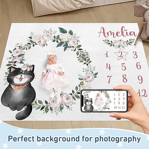 Custom Name Baby Milestone Blanket - Baby Milestone Monthly Blanket with Double Sided for Boy Girl Baby Photography Props - Pink Cat Print Gifts for Kids Infant - Image 2