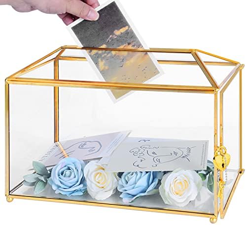 Glass Wedding Card Box with Lock, 12.6x5.9x9 inches Large Gold Card Boxes for Wedding Reception, Keepsake Display, Graduation, Party Centerpiece Decorative Box by Ripprovt