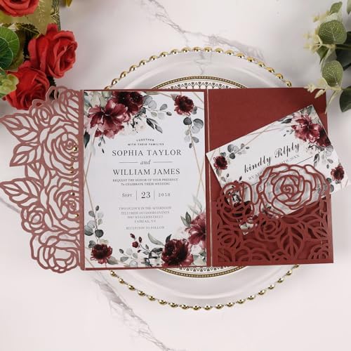 50pcs Tri Fold Wedding invitations Rose Hollow Laser Cut 5x7 '' Burgundy by Maffily
