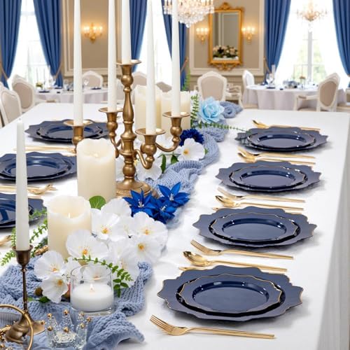WDF 200pcs Blue Plastic Plates - Navy Blue Plates Disposable - Heavy Duty Plastic Plate for Weddings/Parties/Birthday/Independence Day/Father's Day - Image 6