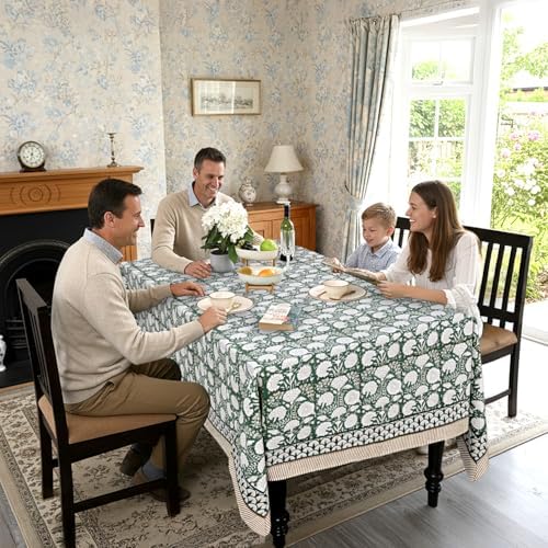 Ridhi Turquoise Moss Green Hand Block Print Cotton Tablecloth 190 x 72 Inch - Image 3