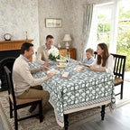 Ridhi Turquoise Moss Green Hand Block Print Cotton Tablecloth 120 x 80 Inch - Image 3