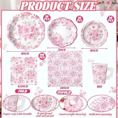 Pickmesh 252 Pcs Pink Floral Tea Party Supplies for 36 Guests Pink and White Porcelain Paper Disposable Dinnerware Floral Teacups with Handle and Saucers Set for Tea Party Decorations Birthday Wedding - Image 2
