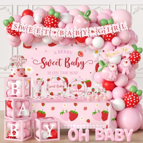 Strawberry Baby Shower Decorations,276pcs Berry Sweet Baby Shower Decorations Plates And Napkins Cups Banner Backdrop Tablecloth Cake Topper Balloon for A Berry Sweet Baby Is On The Way Decorations by Lenyunge