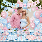 Tenshun 212Pcs Gingham Gender Reveal Party Supplies Set, Pink or Blue - Image 3