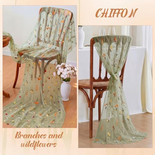 Boao 3 Pcs Wildflower Table Runner Embroidery Tulle Spring Summer Table Runner 120 Inch 10 ft Kitchen Dining Decoration for Wedding Baby Shower Bridal Shower Home Decor Birthday Party (Sage Green) - Image 6