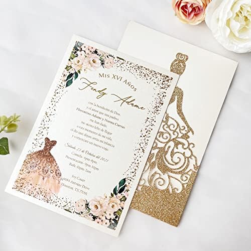 5.12 x7.28 inch 50PCS Gold Glitter Quinceanera Invitations Kit Laser Cut Hollow Girl Princess Pocket with Envelopes Invitations for Quinceanera Bridal Shower Invite - Image 5
