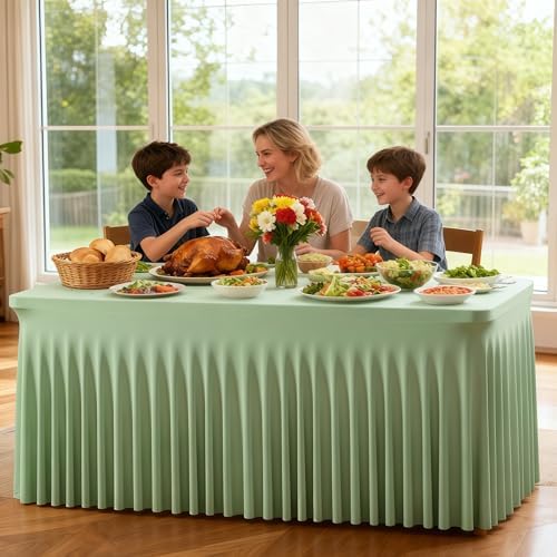 Wish Care 2 Pack Sage Green Spandex Table Clothes for 4 Foot Rectangle Tables, 4FT Wrinkle Free Fitted Tablecloths Ruffles Design Table Cloth for Party, Banquet, Wedding and Events - Image 4