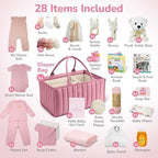 Premium New Baby Girl Gift Basket | Newborn Essentials Care Package in Diaper Caddy Organizer | Plush Toy, Baby Clothes, Bath Set, Hooded Towel, Rattle, Keepsakes & More Pink & White - Image 3