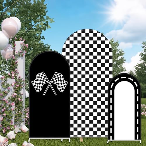 FYSUIMU 3 Pcs Race Car Arch Backdrop Covers Black White Checkered Flag Racing Track Stretchy Spandex Arch Stand Fabric Cover for Racer Birthday Baby Shower Fast Party Decoration (4ft/5ft/6ft) - Image 6