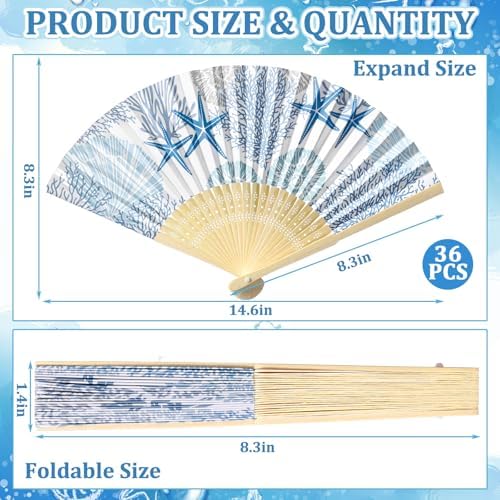 Karenhi 36 Pcs Beach Paper Fans Bulk Blue Coastal Party Folding Hand Fans - Image 2