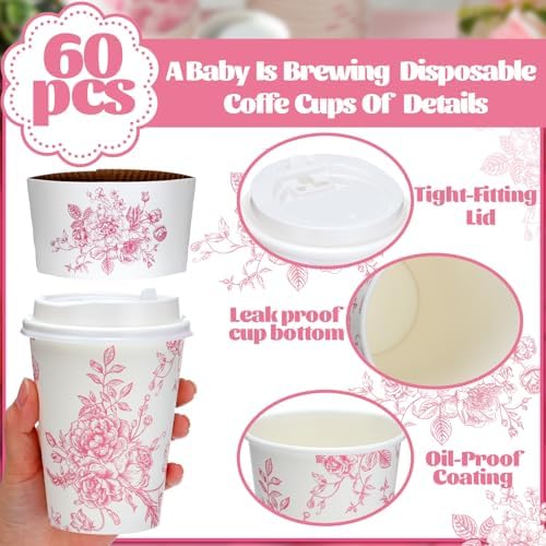 Vesici 60pcs 14oz Pink Disposable Coffee Cups with Lids and Sleeves Pink Toilet Coffee Cups Botanical Floral Paper Cup for Summer Birthday Weddings Bridal Shower Tea Party Supplies - Image 3