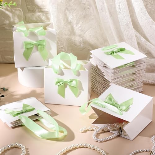 Kolldenn 50 Pcs Small White Gift Bags Bulk with Green Bow Ribbon Handles - Image 4