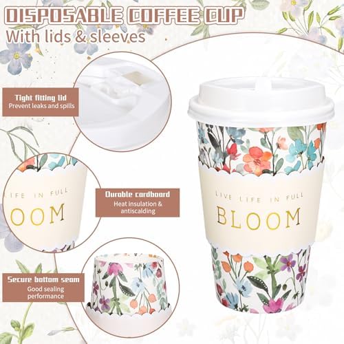 Whaline 50 Pcs Spring Wildflower Disposable Coffee Cups with Lids and Sleeves Watercolor Spring Floral Bloom Paper Drinking Cups for Birthday Wedding Baby Shower Supplies - Image 3
