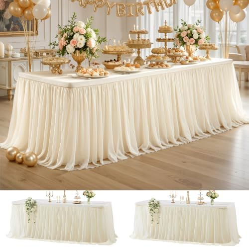 Wish Care 2 Pack Light Champagne Tulle Table Cloth for 8 Foot Rectangle Tables Tulle Tutu Skirt Stretch Fitted Tablecloth Wrinkle Free Ruffle Table Cover for Party Wedding Birthday Banquet Decorations by WishCare