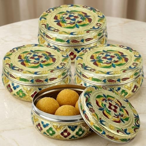 LOVENSPIRE Meenakari Stainless Steel Storage Box with Lid (250gm) Decorative Round Indian Food Container for Sweets, Kitchen Items & Return Gift Favors Pack of 4 by LOVENSPIRE