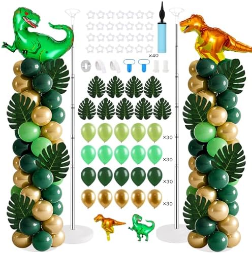 2 Sets Dinosaur Balloon Column Stand Kits Adjustable Green Gold Balloons Column Kit with Monstera Jungle Dinosaur Themed Tower Stand Kit for Dinosaurs Birthday Kids Baby Shower Party Supplies by Unknown